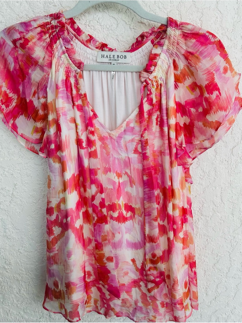Hale Bob Pink Multi Flutter-Sleeve V-Neck Blouse